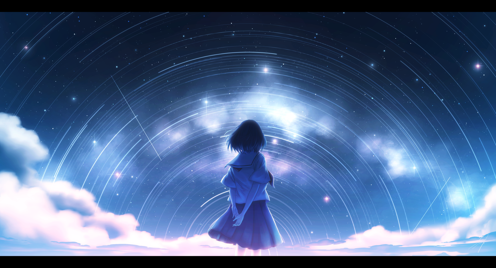 HD PC desktop wallpaper of an anime girl standing on clouds, gazing at a glowing, star-filled night sky with circular light patterns.
