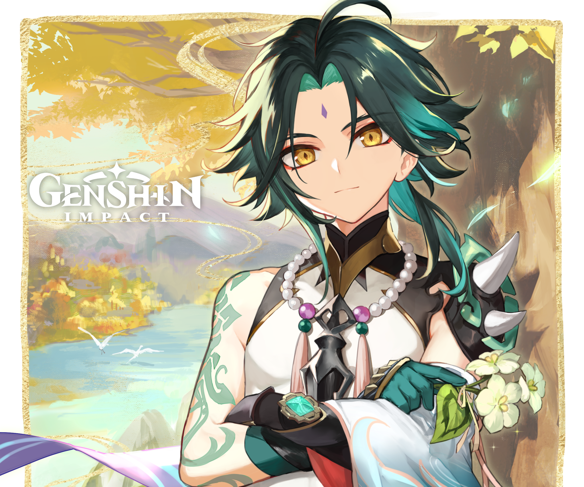 HD PC desktop wallpaper featuring Xiao from the video game Genshin Impact, showcasing his detailed outfit and vibrant background in an animated style.