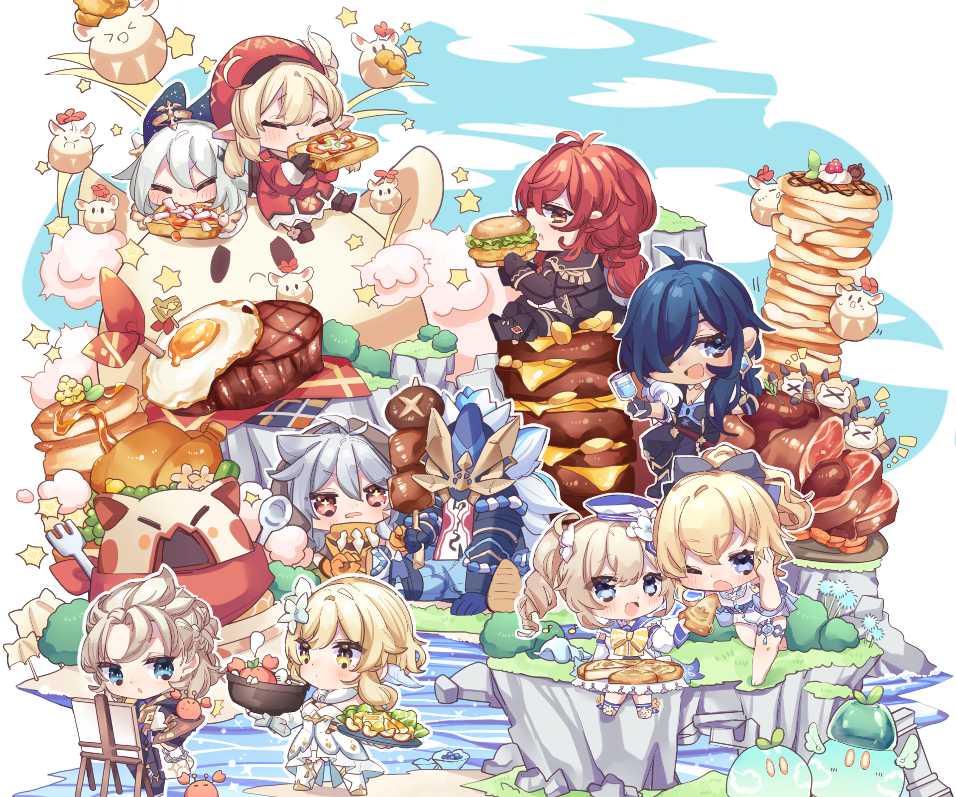 Chibi Genshin Impact 2K Quad HD PC wallpaper: Kaeya, Diluc, Razor, Paimon, Lumine, Klee, Jean, Barbara, Albedo and a Slime in a cute dessert picnic.