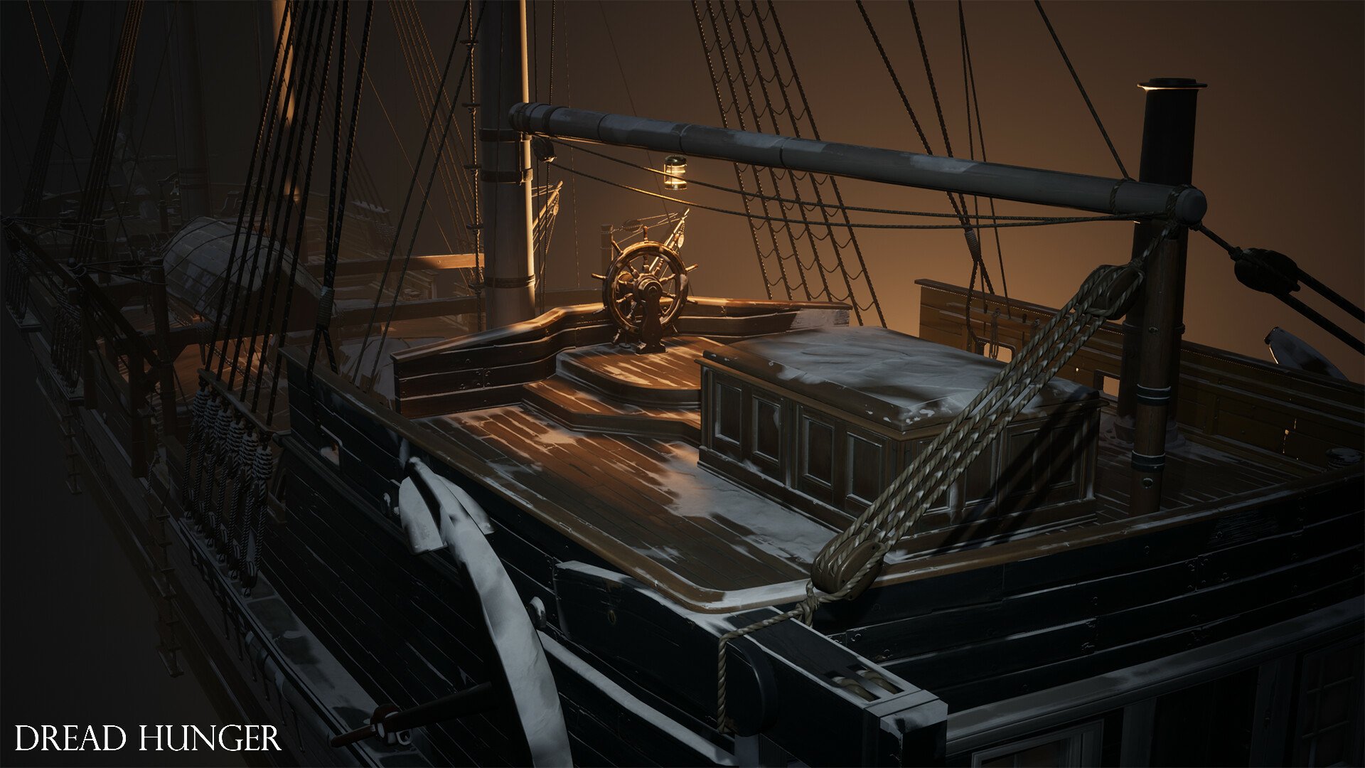 A detailed HD desktop wallpaper from the video game Dread Hunger, featuring a ship's deck blanketed in snow, illuminated by dim lighting and showcasing intricate nautical elements.