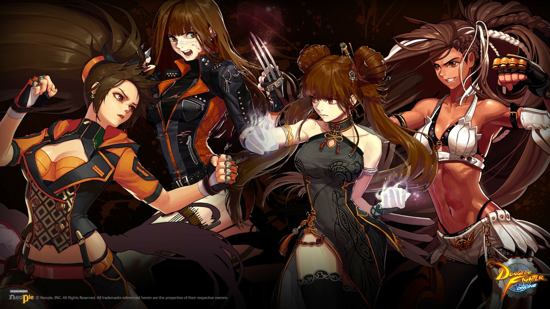 HD wallpaper of Dungeon Fighter Online characters poised for battle on a dynamic background.