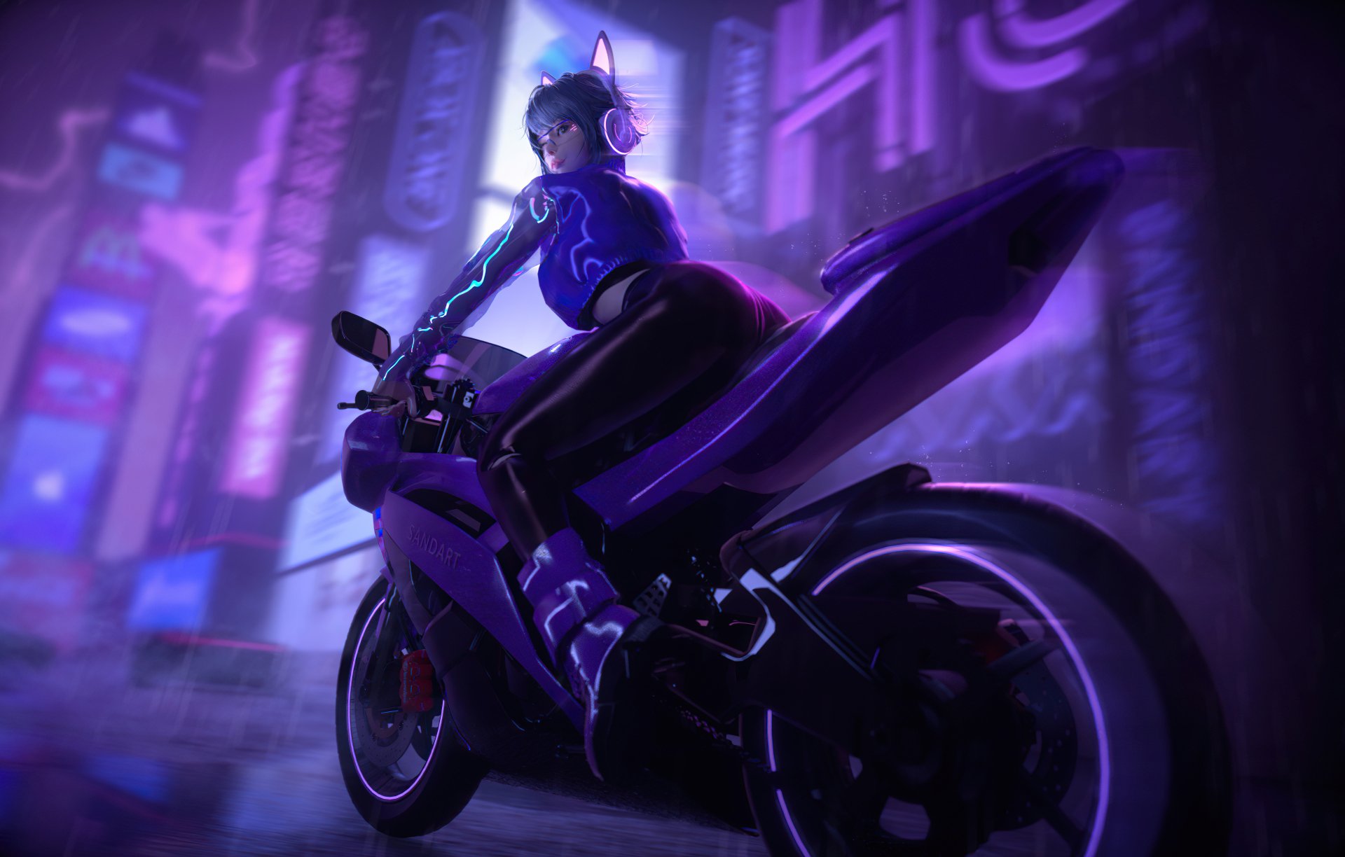 Cyberpunk sci-fi 4K desktop wallpaper: neon city night with a rider in a cat-eared helmet astride a sleek, futuristic motorcycle.