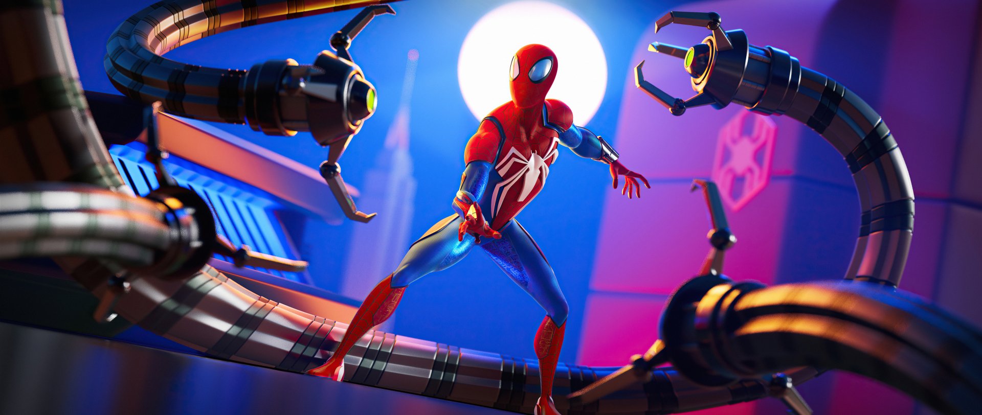 Comic Spider-Man crouched between mechanical arms with neon city lights and a full moon behind him — vibrant 4K Ultra HD PC desktop wallpaper.