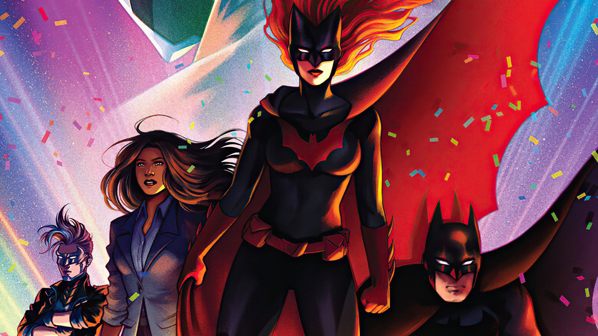 HD PC desktop wallpaper featuring Kate Kane as Batwoman, alongside Batman and other DC Comics characters in a vibrant, dynamic comic-style illustration.