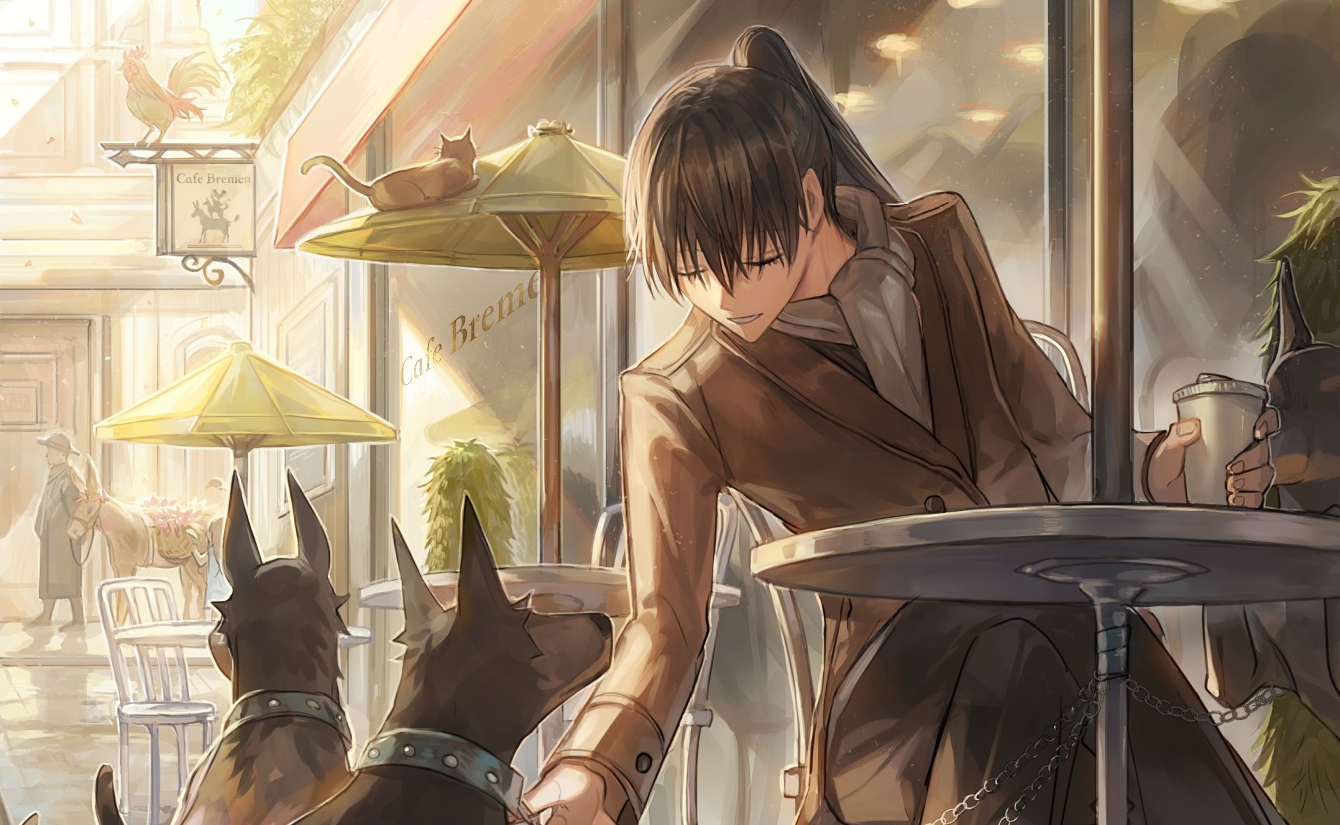 Nacht from Black Clover anime relaxes at an outdoor café, gently patting two attentive dogs in a warm, sunlit setting—an HD PC desktop wallpaper and background.