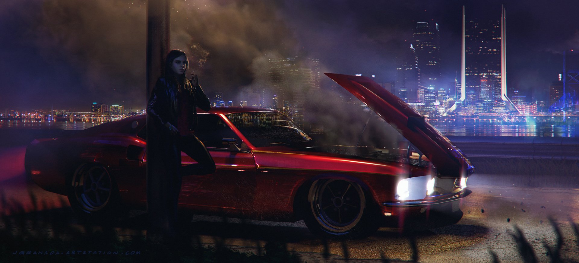 Download Night Futuristic Car Sci Fi Woman HD Wallpaper by Jullius Granada