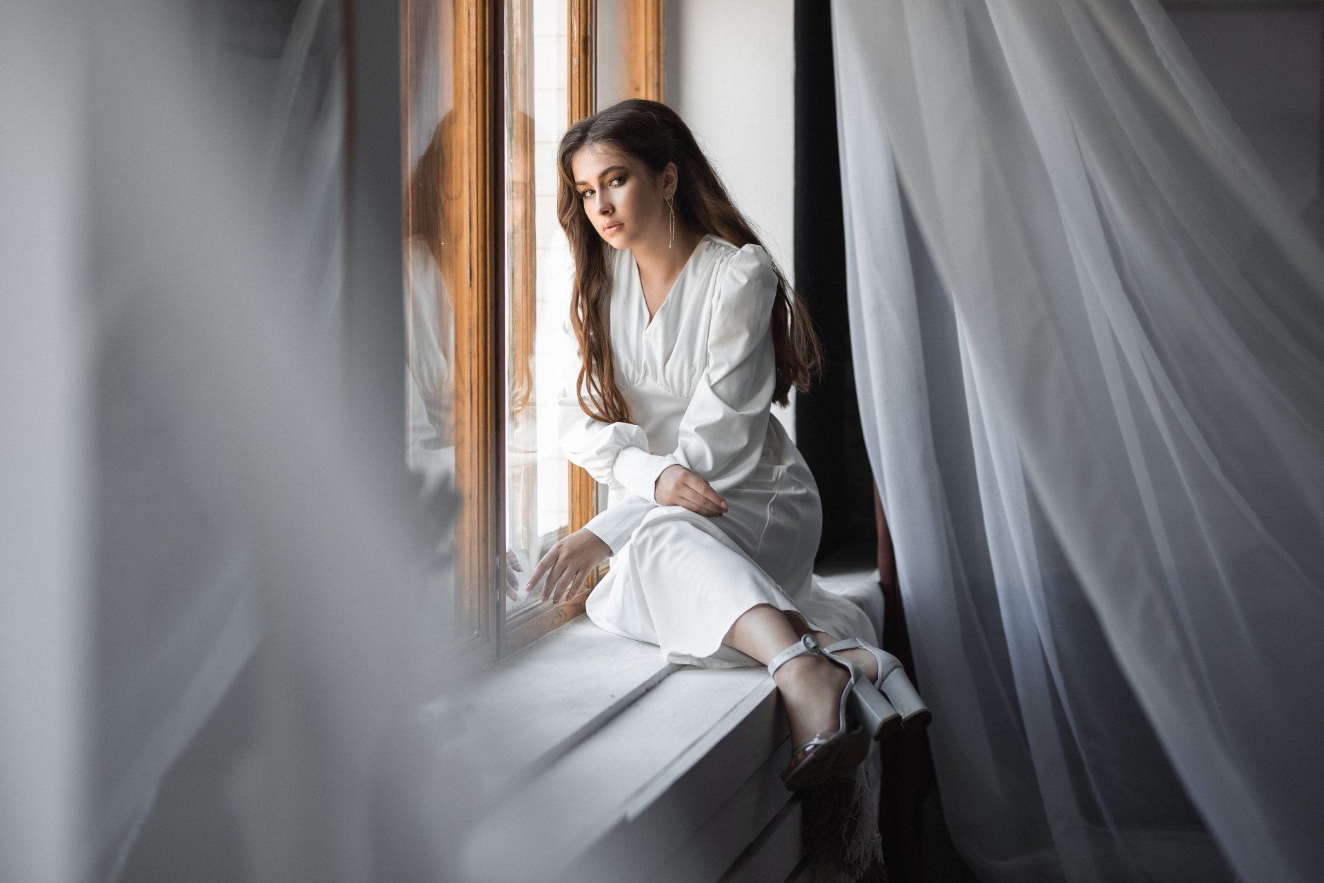 Download Long Hair Brunette White Dress Woman Model 4k Ultra HD Wallpaper by Vladimir Vasiliev