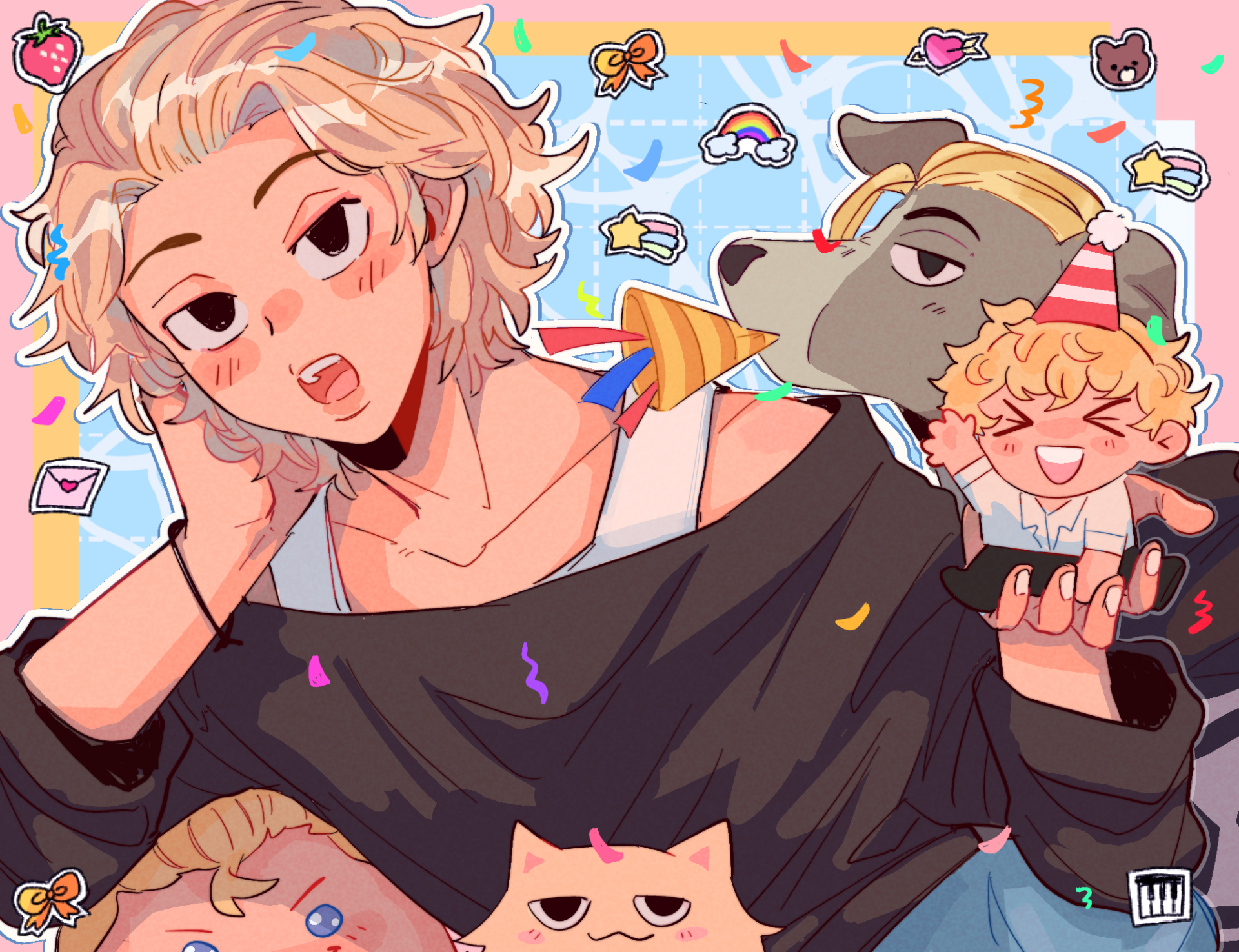 HD PC desktop wallpaper featuring Mikey Manjiro Sano from Tokyo Revengers in vibrant anime style with playful party-themed elements in the background.