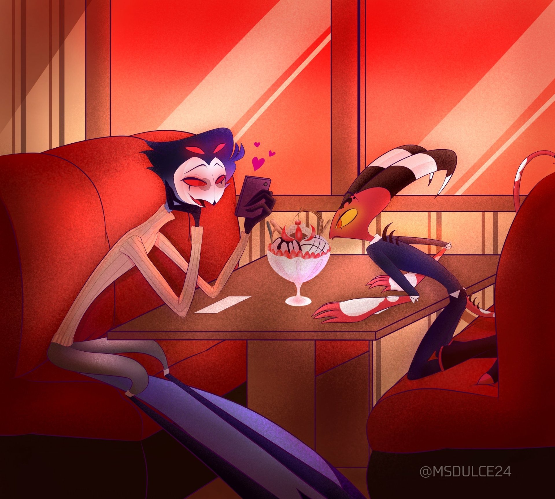 Stolas and Blitzo from Helluva Boss (TV show) laugh over a shared sundae in a warm red diner booth; hearts float above Stolas. HD PC desktop wallpaper background.