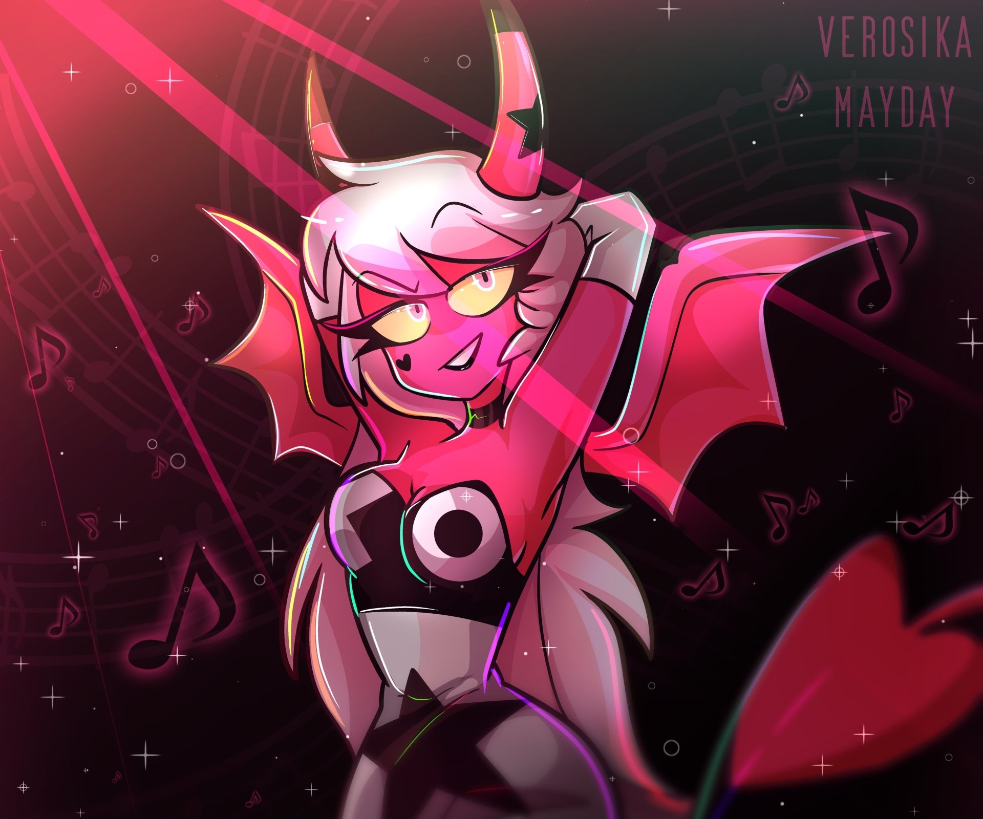 4K Ultra HD desktop wallpaper featuring Verosika Mayday from the TV show Helluva Boss, showcasing vibrant colors and dynamic character design.