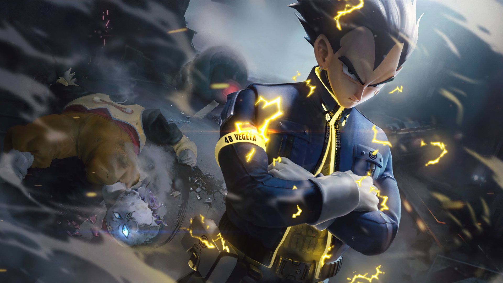 Vegeta from Dragon Ball in a dynamic, electrifying pose with glowing energy effects, depicted in a 4K Ultra HD anime-style PC desktop wallpaper.