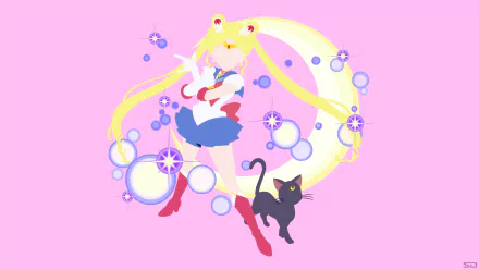 4K Ultra HD PC desktop background: Sailor Moon posing with Luna the black cat before a glowing crescent moon and sparkling bubbles on a pink backdrop.