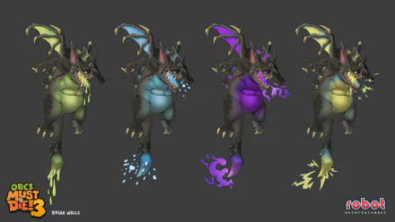 Orcs Must Die! 3 HD desktop wallpaper featuring a series of concept art characters with different elemental powers displayed in a progression.