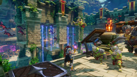 HD desktop wallpaper from Orcs Must Die! 3 game featuring a character setting up defenses against advancing orcs in a vibrant, ancient fortress environment.