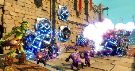 HD wallpaper featuring action-packed gameplay from Orcs Must Die! 3, with heroic characters battling hordes of orcs and deploying traps at a castle defense.