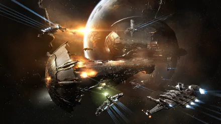 HD wallpaper of EVE Online featuring a dramatic space battle with ships and explosions near a large planet.