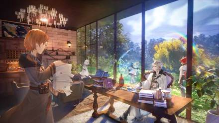 HD desktop wallpaper featuring characters from Mushoku Tensei: Jobless Reincarnation including Orsted, Sylphiette, Roxy Migurdia, Rudeus Greyrat, and Eris Boreas Greyrat, in a vibrant, detailed setting.