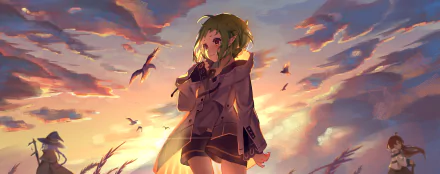 HD anime wallpaper featuring Sylphiette from Mushoku Tensei: Jobless Reincarnation against a vibrant sunset sky with birds flying.