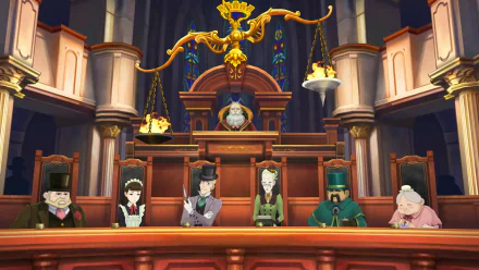HD desktop wallpaper featuring a courtroom scene from The Great Ace Attorney Chronicles with characters in period attire.