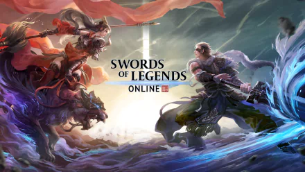 HD wallpaper featuring Swords of Legends Online with epic battle scene and dramatic sky.