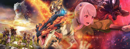 HD wallpaper of Monster Hunter Stories 2: Wings of Ruin featuring dynamic artwork with characters and a fearsome monster ready for battle.