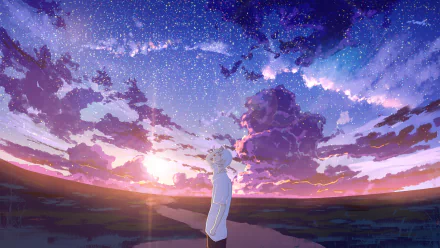 Anime-style 4K Ultra HD desktop wallpaper depicting a person standing under a vibrant sunrise sky filled with stars and clouds.