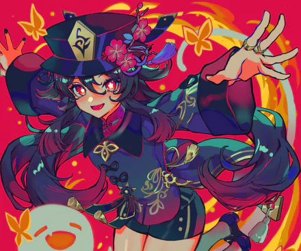 HD desktop wallpaper featuring Hu Tao, a character from the video game Genshin Impact, in vibrant colors with dynamic pose and intricate design elements in the background.