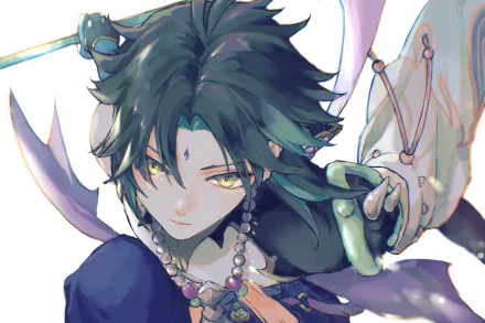 HD PC desktop wallpaper of Xiao from the video game Genshin Impact: close-up anime portrait, teal hair, golden eyes, prayer beads, flowing sash.