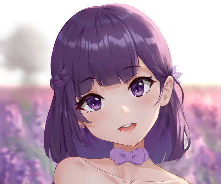 Close-up of Baal Raiden Shogun from Genshin Impact with purple hair and eyes, set against a soft, blurred floral background in 4K Ultra HD quality.