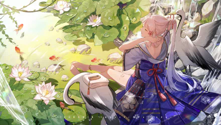 Kamisato Ayaka from Genshin Impact sits gracefully by a serene pond with white lilies and fish, creating a peaceful HD desktop wallpaper and background.