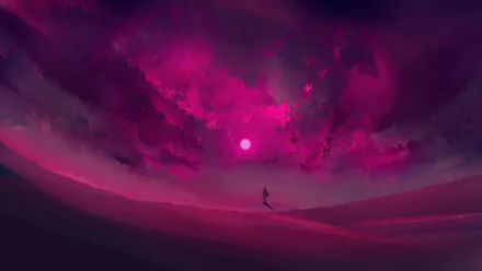 HD wallpaper of a vibrant artistic depiction of a desert at night, with a lone figure and a glowing pink sky under a full moon.