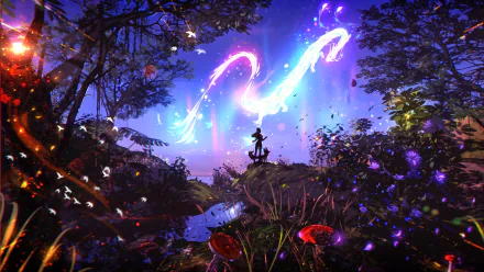 HD fantasy PC desktop wallpaper featuring a glowing, ethereal dragon soaring above a silhouetted figure in a vibrant, magical forest at twilight.