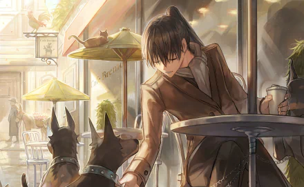 Nacht from Black Clover anime relaxes at an outdoor café, gently patting two attentive dogs in a warm, sunlit setting—an HD PC desktop wallpaper and background.