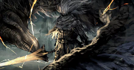 4K Ultra HD wallpaper of the Nameless King, a fierce warrior from the video game Dark Souls III, poised for battle with a dragon in a stormy, dark setting.