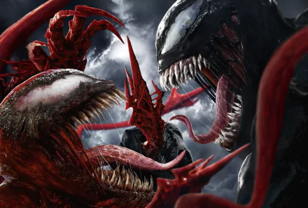 4K Ultra HD wallpaper featuring Marvel’s Venom and Carnage from the movie Venom: Let There Be Carnage, showcasing their fierce, snarling faces against a stormy sky.