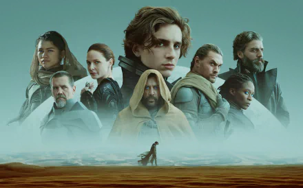 HD desktop wallpaper featuring the main cast of Dune (2021), including Oscar Isaac, Rebecca Ferguson, Josh Brolin, Sharon Duncan-Brewster, Jason Momoa, Zendaya, Javier Bardem, and Timothée Chalamet.