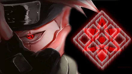 HD desktop wallpaper featuring Kakashi Hatake from Naruto with his Sharingan eye activated, showcasing vibrant red and black anime-style art.