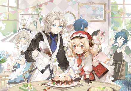 2K Quad HD PC desktop background of Genshin Impact (video game) characters Kaeya, Diona, Venti, Paimon, Klee, Jean, Barbara and Albedo gathered around a table with pastries in a bright room.