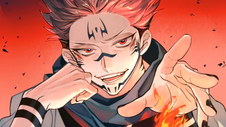 HD PC desktop wallpaper featuring Sukuna from the anime Jujutsu Kaisen with fiery red hair, intense eyes, and distinct facial markings.
