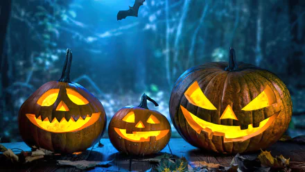 HD Halloween desktop wallpaper featuring three glowing jack-o'-lanterns in a spooky forest setting.