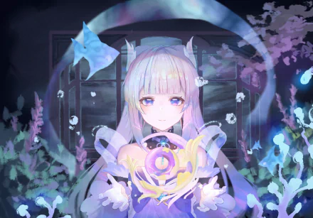 HD PC desktop wallpaper featuring Sangonomiya Kokomi from the video game Genshin Impact, surrounded by glowing aquatic and floral elements in a mystical setting.