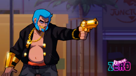 HD desktop wallpaper featuring a character from Katana Zero game with a gold gun, against a neon-lit backdrop.
