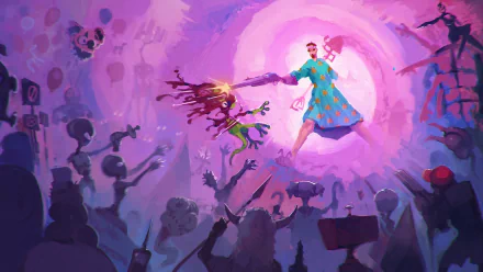 4K Ultra HD PC desktop wallpaper for the video game POSTAL: Brain Damaged — neon-pink scene of the Postal protagonist in a dress firing at green, grotesque zombies before a glowing portal.
