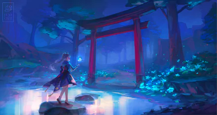 HD wallpaper featuring Kamisato Ayaka from Genshin Impact, standing in a mystical, glowing forest landscape with a red torii gate in the background.