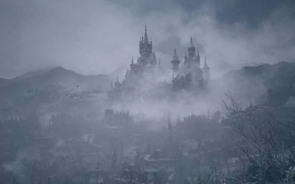 Atmospheric 4K Ultra HD wallpaper of a fog-shrouded castle from the video game Resident Evil Village, set against a dark, eerie landscape.
