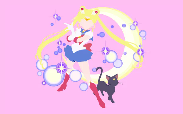4K Ultra HD PC desktop background: Sailor Moon posing with Luna the black cat before a glowing crescent moon and sparkling bubbles on a pink backdrop.