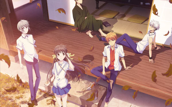 HD anime wallpaper featuring Hatsuharu Sohma, Shigure Sohma, Kyo Sohma, Tohru Honda, and Yuki Sohma from Fruits Basket in a serene autumn setting.