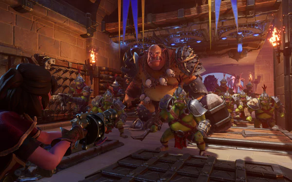 HD wallpaper of a dynamic scene from Orcs Must Die! 3 featuring characters preparing for battle in a fortress-like setting.