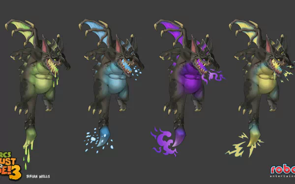 Orcs Must Die! 3 HD desktop wallpaper featuring a series of concept art characters with different elemental powers displayed in a progression.