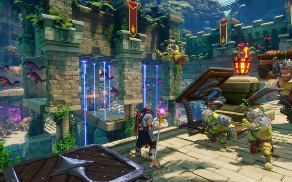 HD desktop wallpaper from Orcs Must Die! 3 game featuring a character setting up defenses against advancing orcs in a vibrant, ancient fortress environment.